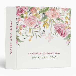 Watercolor Blooms   Pink and Gold Floral on White Binder