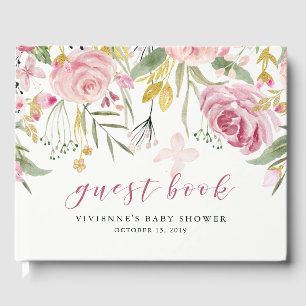 Watercolor Blooms Pink and Gold Floral Party Guest Book