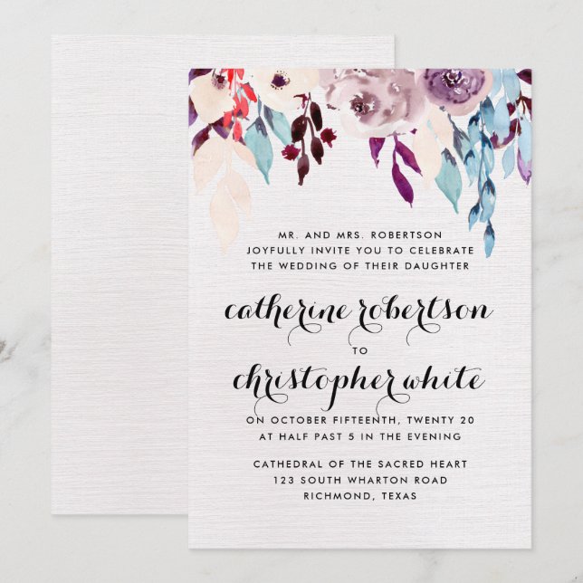 Watercolor Blooms Wedding Invitation (Front/Back)