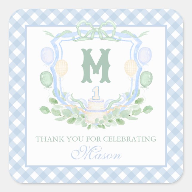 Watercolor Blue 1st Birthday Monogram Crest Gift Square Sticker (Front)