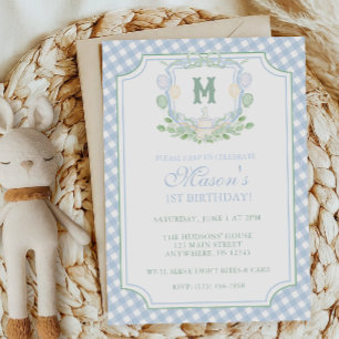 Watercolor Blue 1st Birthday Monogram Crest Party Invitation