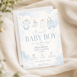 Watercolor Blue A Sweet Baby Boy Shower Elegant Invitation