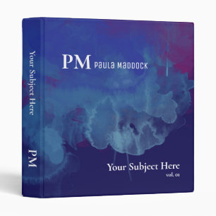 Watercolor Blue Abstract Navy Monogram Name Binder