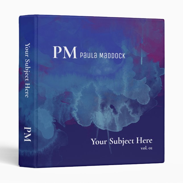 Watercolor Blue Abstract Navy Monogram Name Binder (Front/Spine)