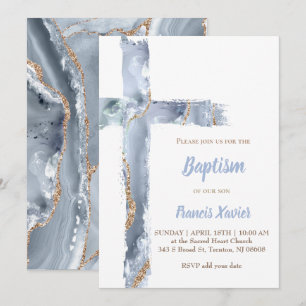 watercolor blue agate cross Baptism Invitation