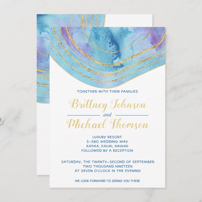 Watercolor Blue Agate with Gold Foil Wedding Invitation (Front/Back)