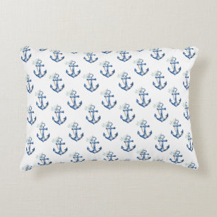 Watercolor Blue Anchor Nautical Pattern  Accent Pillow