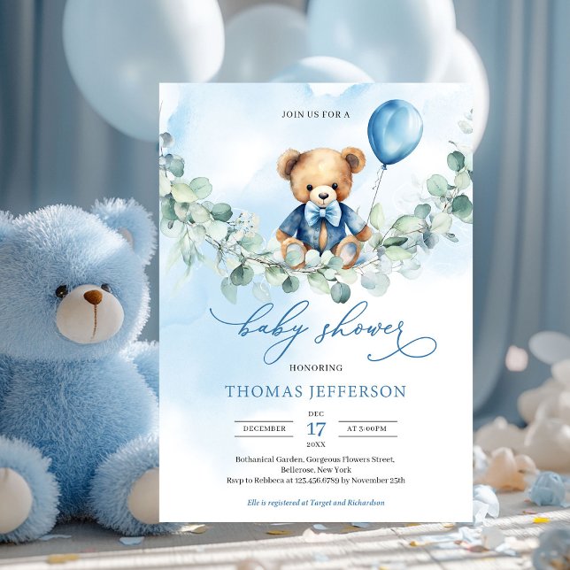 Watercolor blue and brown teddy bear with balloon invitation (boy baby shower invitation with teddy bear with blue balloon on eucalyptus swing)