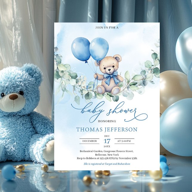 Watercolor blue and brown teddy bear with balloons invitation (boy baby shower invitation with teddy bear)