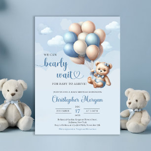 Watercolor blue and brown teddy bear with balloons invitation
