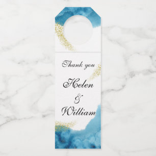 Watercolor Blue and Gold 50th Wedding Anniversary Bottle Tag