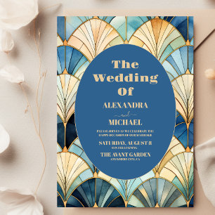 Watercolor Blue and Gold Art Deco Wedding  Invitation