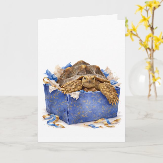 Watercolor Blue and Gold Birthday Gift Turtle Card (Yellow Flower)