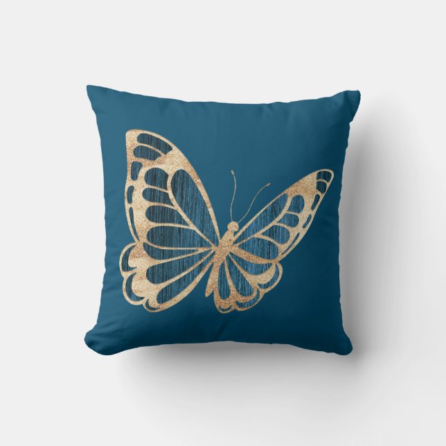 Watercolor Blue and Gold Butterfly Throw Pillow (Front)