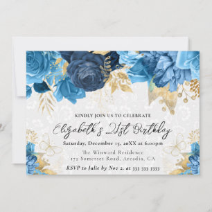 Watercolor Blue and Gold Flowers 21st Birthday Invitation
