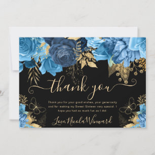 Watercolor Blue and Gold Flowers Sweet 16 Thank You Card