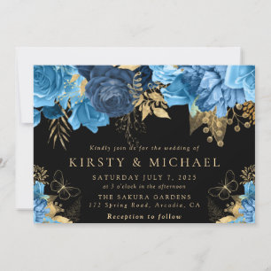 Watercolor Blue and Gold Flowers Wedding Invitation