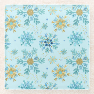 Watercolor Blue and Gold Glitter Winter Snowflakes Glass Coaster