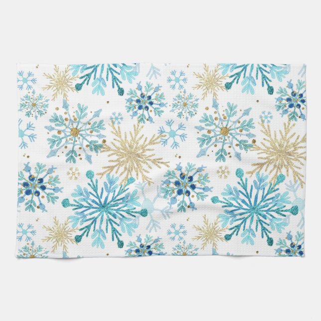 Watercolor Blue and Gold Glitter Winter Snowflakes Kitchen Towel (Horizontal)