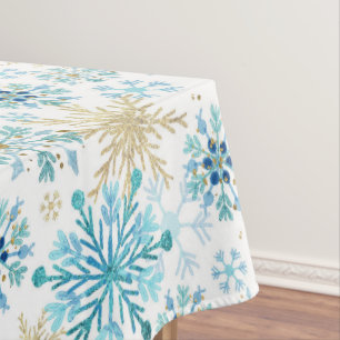 Watercolor Blue and Gold Glitter Winter Snowflakes Tablecloth