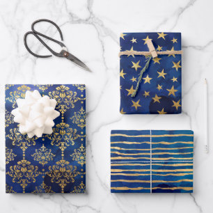Watercolor Blue and Gold Ink Fantasy Patterns Wrapping Paper Sheet