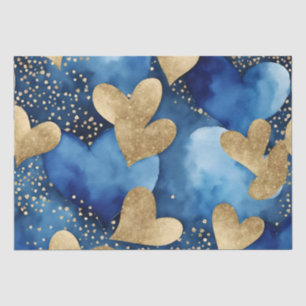 Watercolor Blue and Gold Ink Valentines Hearts Tissue Paper
