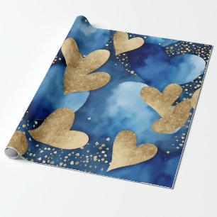 Watercolor Blue and Gold Ink Valentines Hearts Wrapping Paper