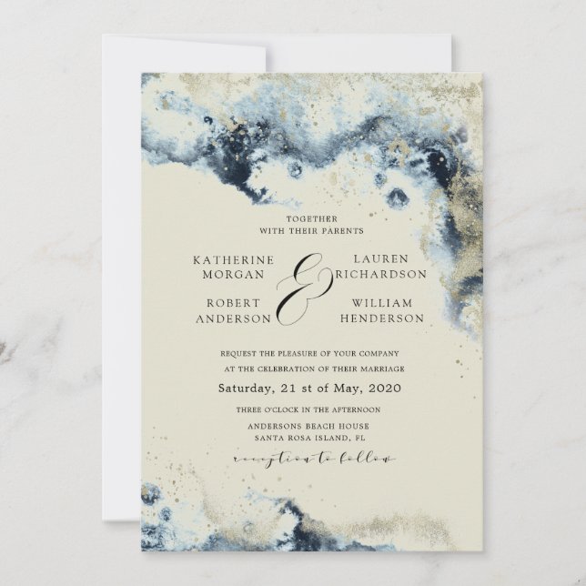 Watercolor Blue and Gold Minimalistic Wedding Invitation (Front)