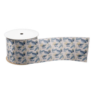 Watercolor Blue and Gold Single Leaves Satin Ribbon