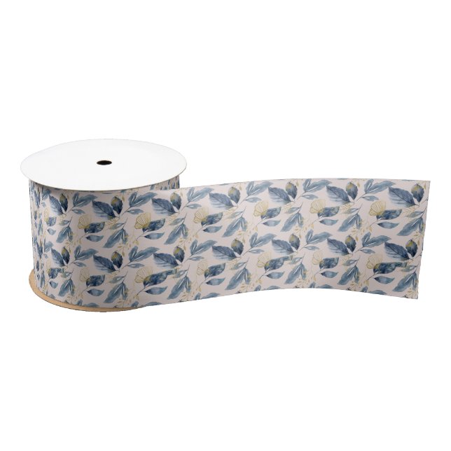 Watercolor Blue and Gold Single Leaves  Satin Ribbon (Spool)