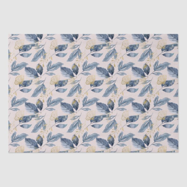 Watercolor Blue and Gold Single Leaves  Tissue Paper (Front)