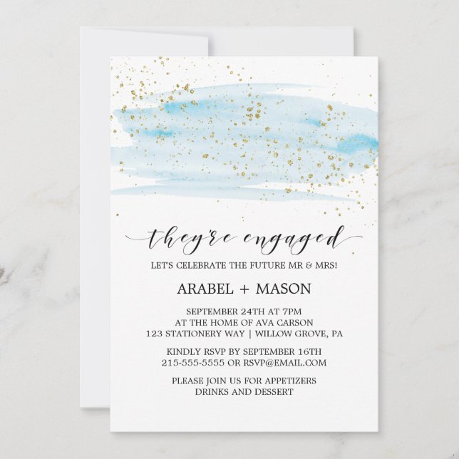 Watercolor Blue and Gold Sparkle Engagement Party Invitation (Front)