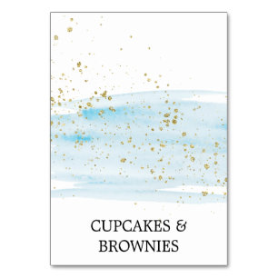 Watercolor Blue and Gold Sparkle Food Tent Cards