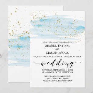 Watercolor Blue and Gold Sparkle Wedding Invitation