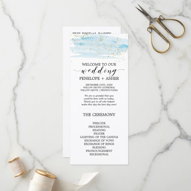 Watercolor Blue and Gold Sparkle Wedding Program (Front/Back In Situ)