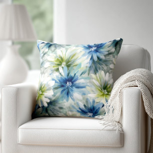 Watercolor Blue and Green Floral Throw Pillow