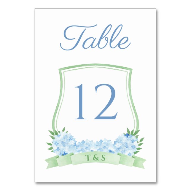 Watercolor Blue And Green Hydrangea Crest Wedding Table Number (Front)