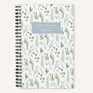 Watercolor Blue and Green Leaves Spiral Notebook