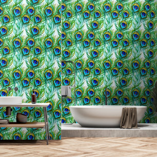 Watercolor Blue and Green Peacock Feathers Collage Wallpaper