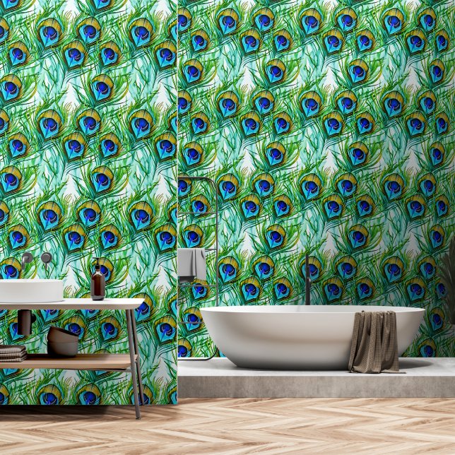 Watercolor Blue and Green Peacock Feathers Collage Wallpaper (Bathroom)