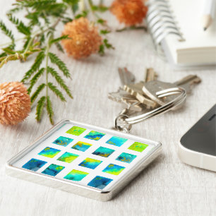 watercolor blue and green squares keychain