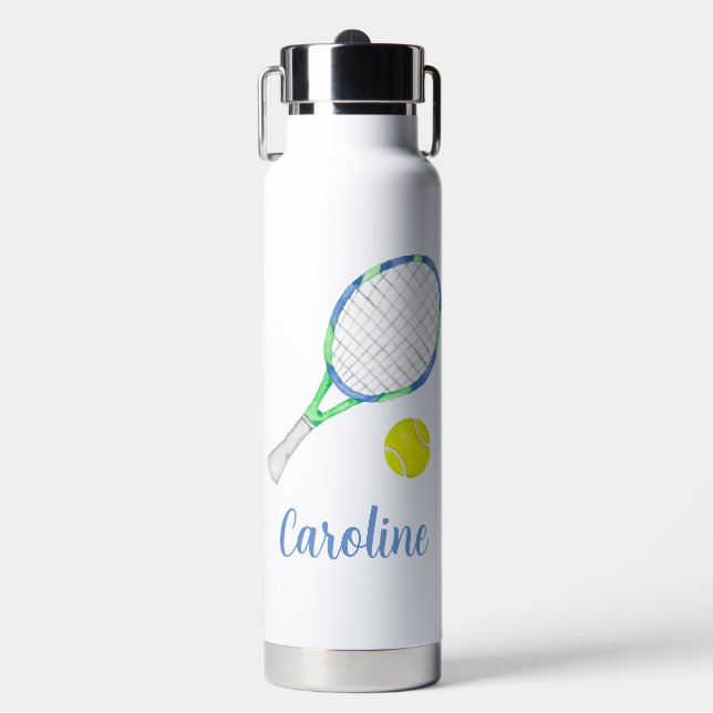 Watercolor Blue and Green Tennis Personalized Water Bottle (Front)