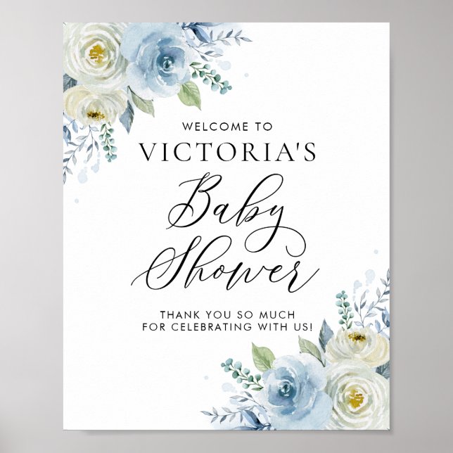 Watercolor Blue and Ivory Roses Baby Shower Poster (Front)