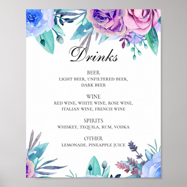 Watercolor blue and pink floral wedding drinks bar poster (Front)