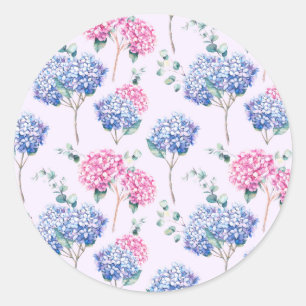 Watercolor Blue and Pink Hydrangeas Floral Pattern Classic Round Sticker