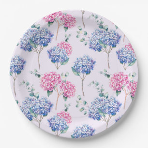 Watercolor Blue and Pink Hydrangeas Floral Pattern Paper Plate