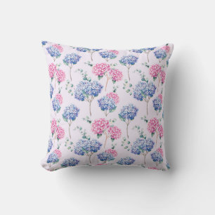 Watercolor Blue and Pink Hydrangeas Floral Pattern Throw Pillow