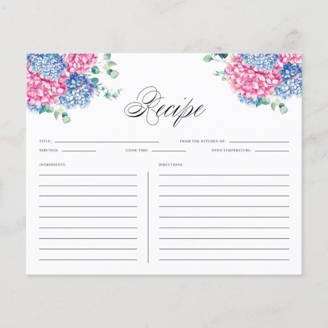Watercolor Blue and Pink Hydrangeas Recipe Card (Front)