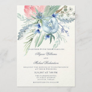 Watercolor Blue and Pink Peonies Wedding Invitation