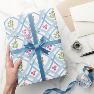 Watercolor Blue and Pink Ribbon & Holly Wrapping Paper